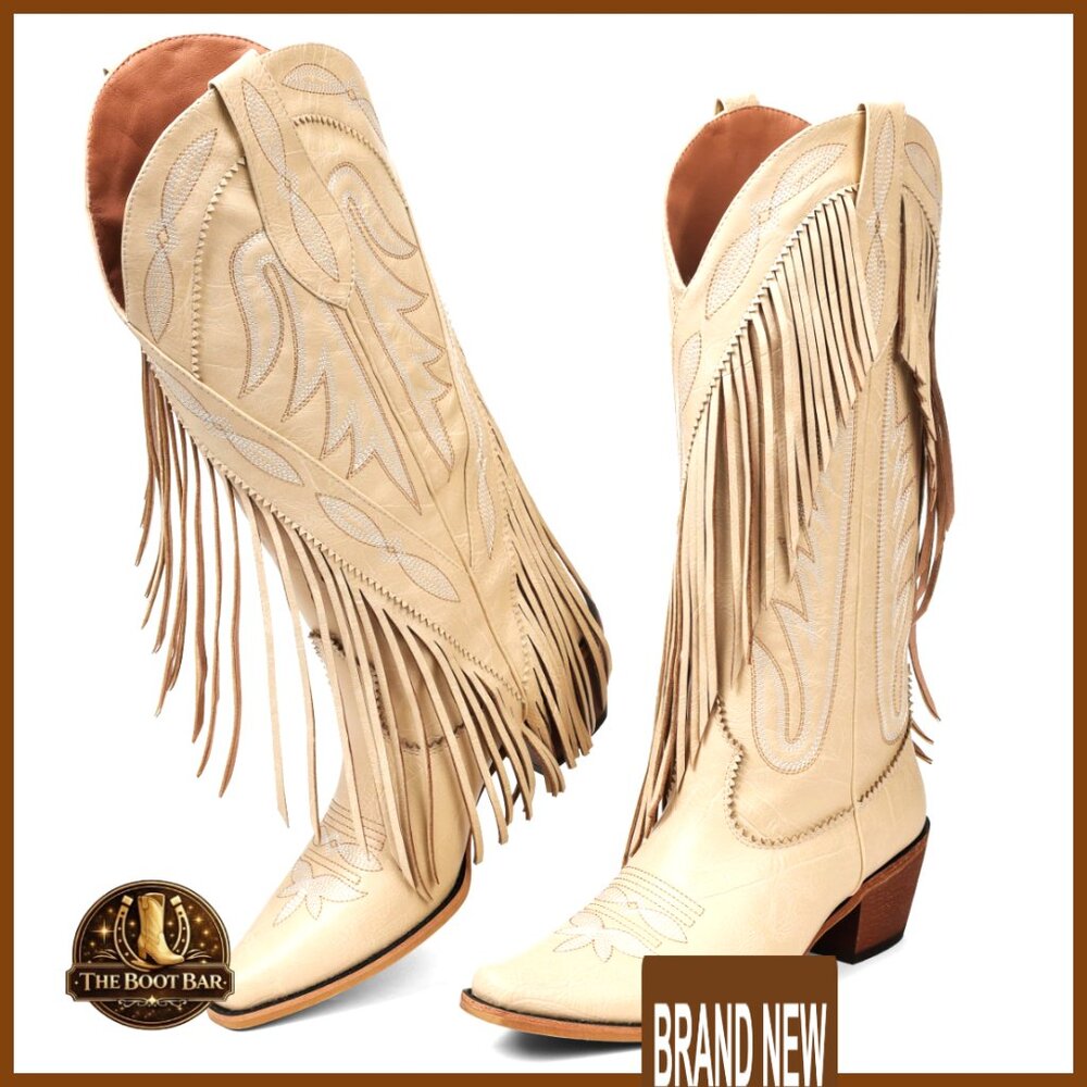 Women's Western Boots Pointed Toe Chunky Heel Pull On Mid Calf Fringe
